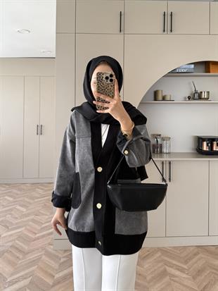 Kontrast Kot Detaylı Hırka Siyah