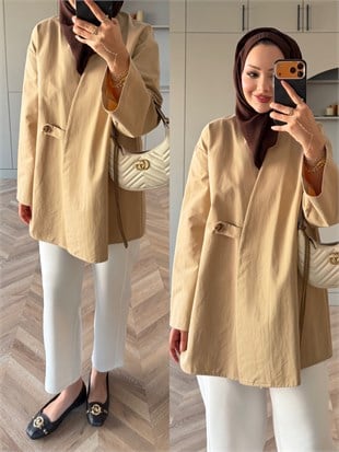Korce Düğme Detaylı Trenç Camel (3141)