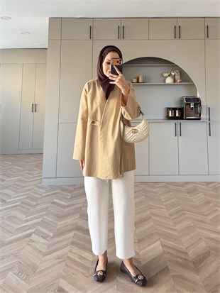 Korce Düğme Detaylı Trenç Camel (3141)