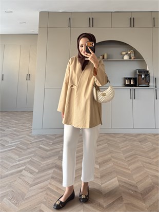 Korce Düğme Detaylı Trenç Camel (3141)