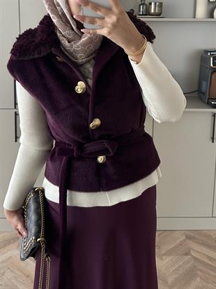 Krista Yakası Kürk Detaylı Angora Yelek Mürdüm