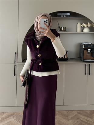 Krista Yakası Kürk Detaylı Angora Yelek Mürdüm