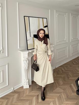 Kumsal Keten Elbise Bej