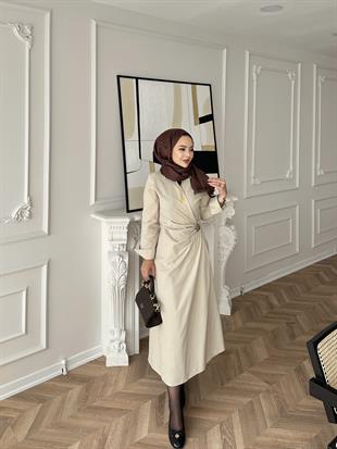 Kumsal Keten Elbise Bej