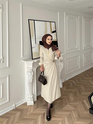 Kumsal Keten Elbise Bej