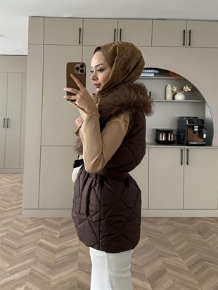 Kürk Detaylı Kapitone Yelek Kahve