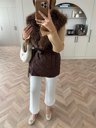 Kürk Detaylı Kapitone Yelek Kahve