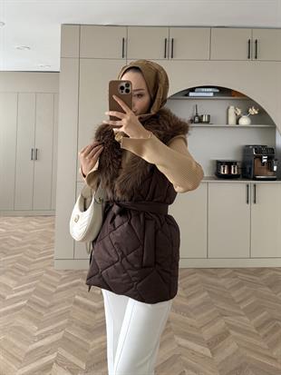 Kürk Detaylı Kapitone Yelek Kahve