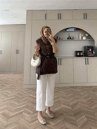 Kürk Detaylı Kapitone Yelek Kahve