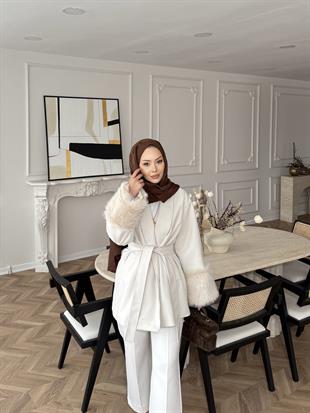 Kürk Kollu Kaşe Kaban Bej