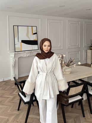 Kürk Kollu Kaşe Kaban Bej