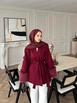 Kürk Kollu Kaşe Kaban Bordo
