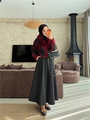 Kürk Yaka Baklava Desen Hırka Bordo (26502)