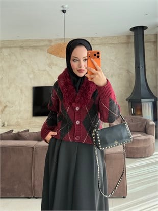 Kürk Yaka Baklava Desen Hırka Bordo (26502)