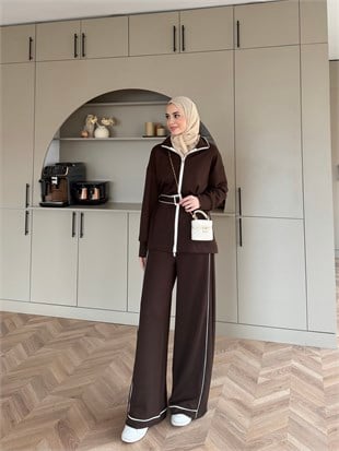 Kuvars Çizgi Detaylı Oysh Pantolonlu Takım Kahve (6400)