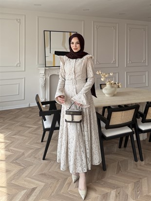 Lace Dantel Elbise Bej (5772)