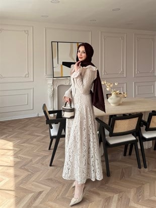 Lace Dantel Elbise Bej (5772)