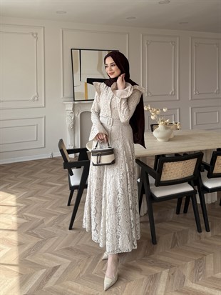 Lace Dantel Elbise Bej (5772)