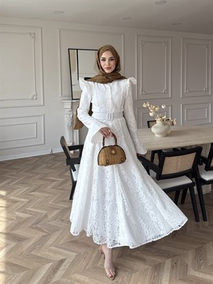 Lace Dantel Elbise Beyaz  (5772)