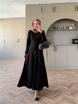 Ladin Çelik Örme Düğmeli Etekli Takım Siyah (4565)
