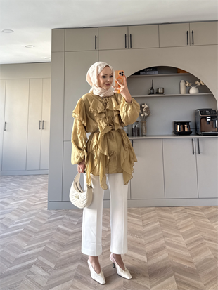 Laleh Fırfırlı Keten Gömlek Yağ Yeşili (8249)