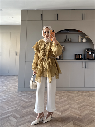 Laleh Fırfırlı Keten Gömlek Yağ Yeşili (8249)