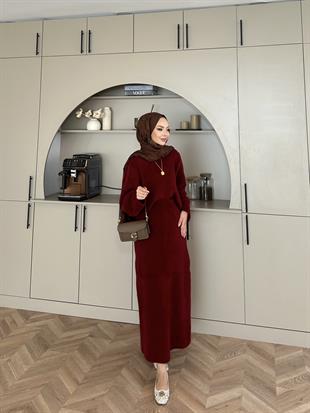 Leah Sakallı Triko Etekli Takım Bordo