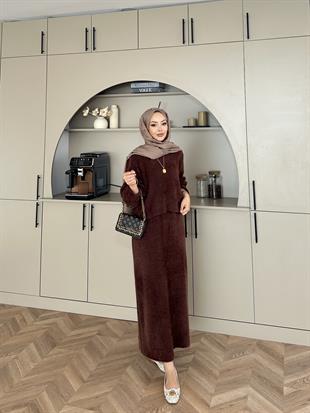 Leah Sakallı Triko Etekli Takım Kahve