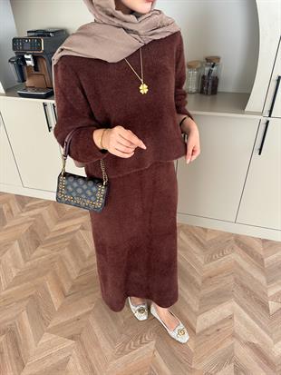 Leah Sakallı Triko Etekli Takım Kahve