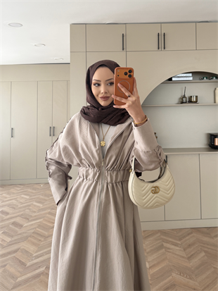 Leila Beli Büzgülü Fermuarlı Cupra Elbise Vizon (1985)