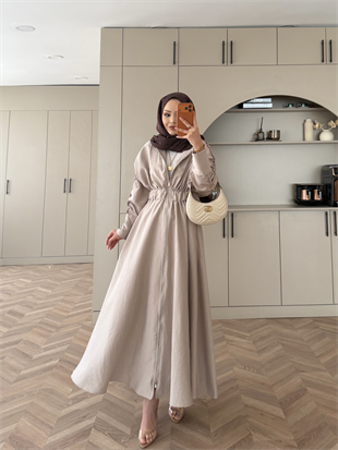 Leila Beli Büzgülü Fermuarlı Cupra Elbise Vizon (1985)