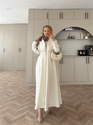 Leila Beli Büzgülü Fermuarlı Cupra Elbise Ekru (1985)