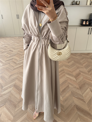 Leila Beli Büzgülü Fermuarlı Cupra Elbise Vizon (1985)