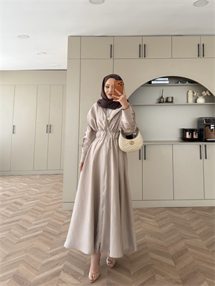 Leila Beli Büzgülü Fermuarlı Cupra Elbise Vizon (1985)