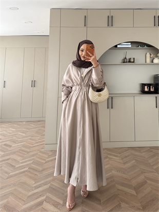 Leila Beli Büzgülü Fermuarlı Cupra Elbise Vizon (1985)