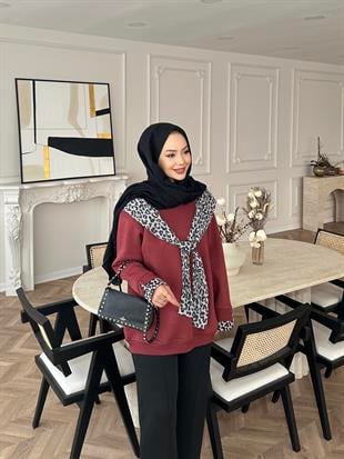 Leopar Atkı Detaylı Sweat Bordo