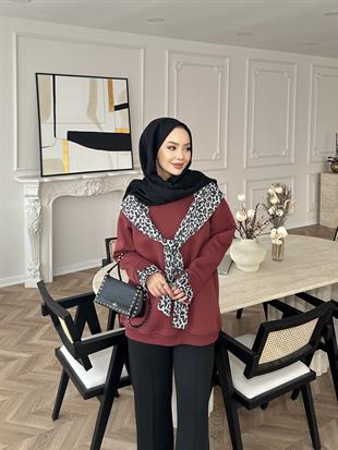 Leopar Atkı Detaylı Sweat Bordo