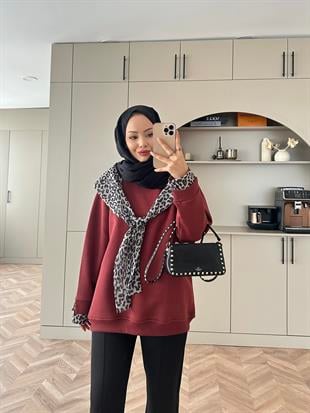Leopar Atkı Detaylı Sweat Bordo