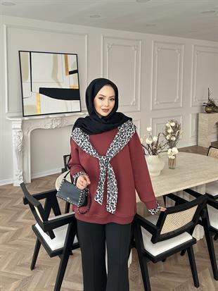 Leopar Atkı Detaylı Sweat Bordo
