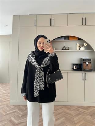 Leopar Detaylı Sweat Siyah