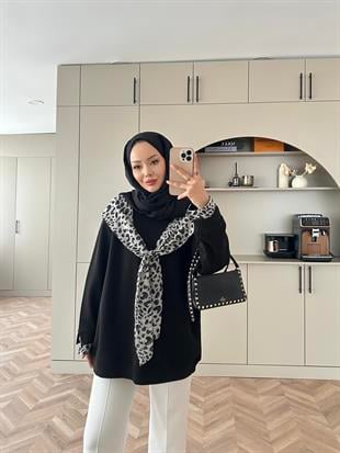 Leopar Detaylı Sweat Siyah