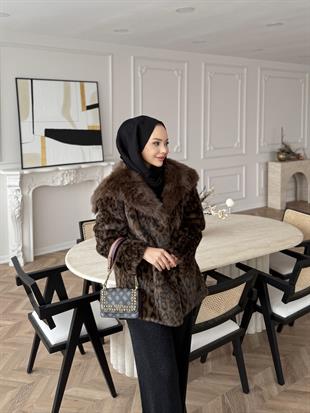 Leopar Desenli Alpaka Kürk Kahverengi