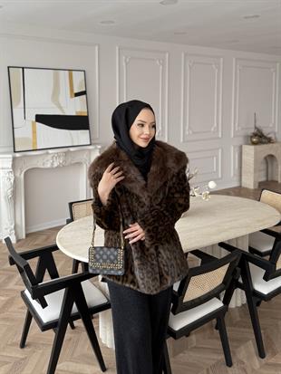 Leopar Desenli Alpaka Kürk Kahverengi