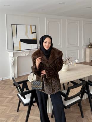 Leopar Desenli Alpaka Kürk Kahverengi