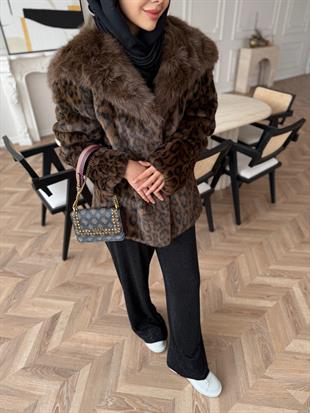 Leopar Desenli Alpaka Kürk Kahverengi