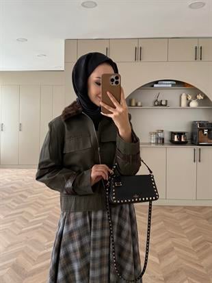 Leopar Kürk Yaka Ceket Haki