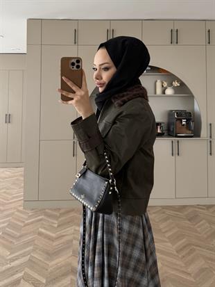 Leopar Kürk Yaka Ceket Haki