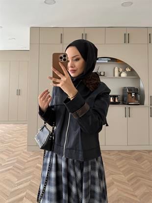 Leopar Kürk Yaka Ceket Lacivert