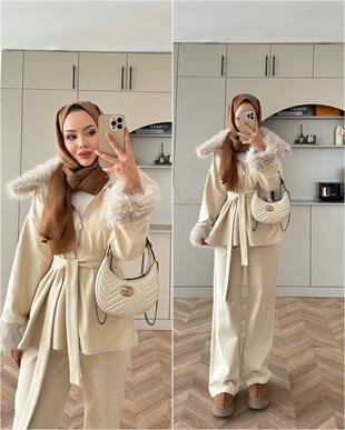 Lila Kürk Detaylı Takım Bej