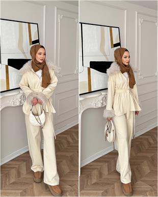 Lila Kürk Detaylı Takım Bej